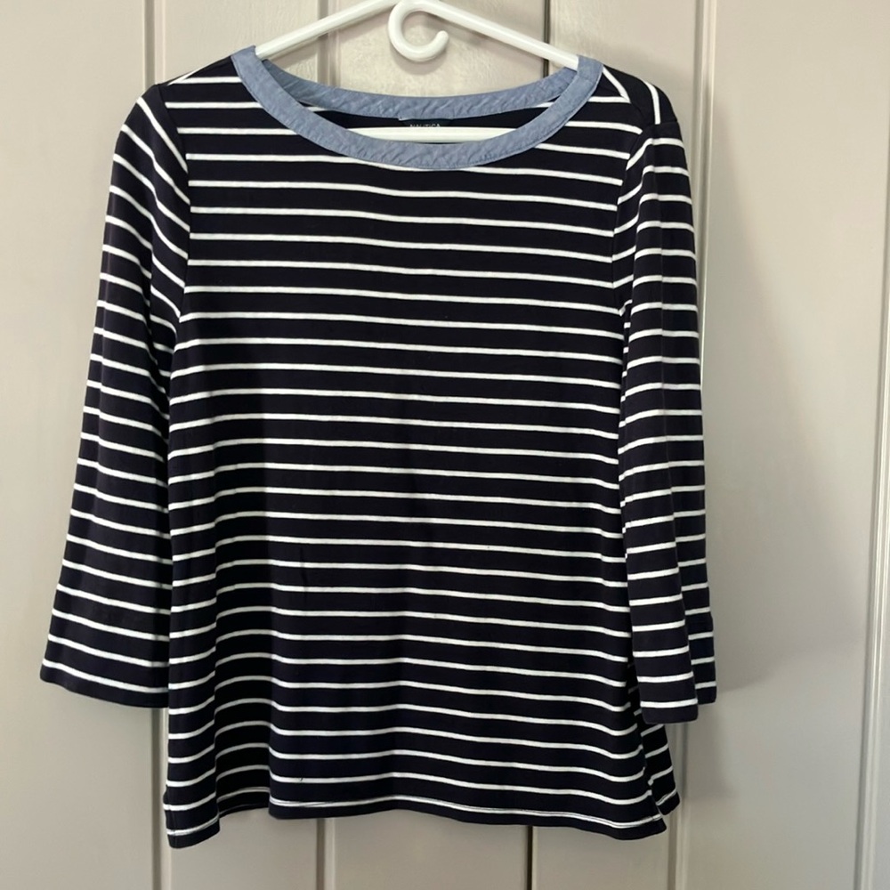 Nautica Boxy 3/4 Sleeve Blue and Black Tee